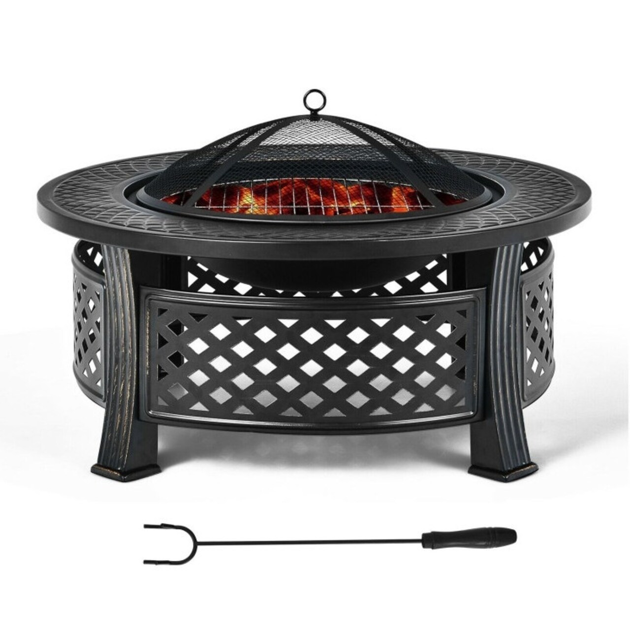 32 Inch Rustic Steel Outdoor Fire Pit with BBQ Grill Grate Mesh Spark Screen Fire Poker and Ash Pan for Patio Backyard Garden